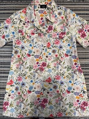 Vici White Floral Button-Front Shirt Dress with Pink, Blue & Green Blooms